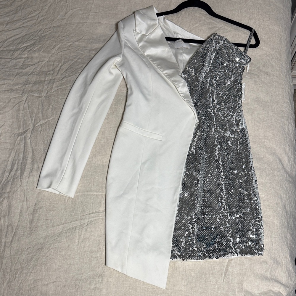 Miss Circle White & Silver One-Shoulder Sequin Blazer Dress Size L